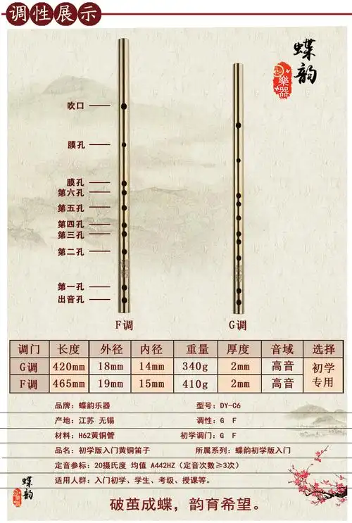 黄铜笛子蝶韵乐器初学加厚专业演奏横笛g调f调竹笛款铜笛子金属笛 -