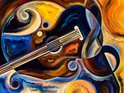 由音乐符号构成的艺术背景,色彩,有机纹理,流动曲线,艺术设计和音乐