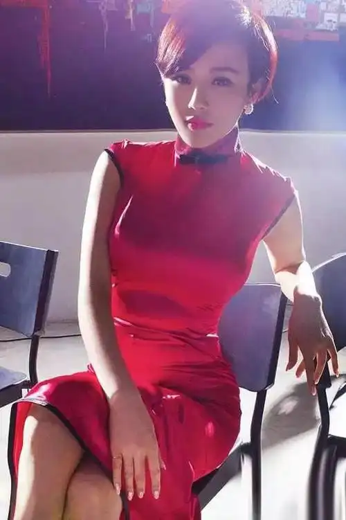 赵雅芝李小璐身着印有玫瑰花的鲜红旗袍,大方又端庄,斜分的刘