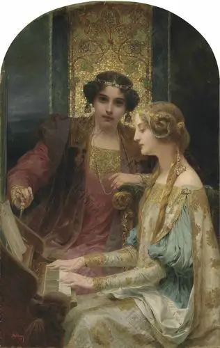 弹钢琴的少女欧洲宫廷油画