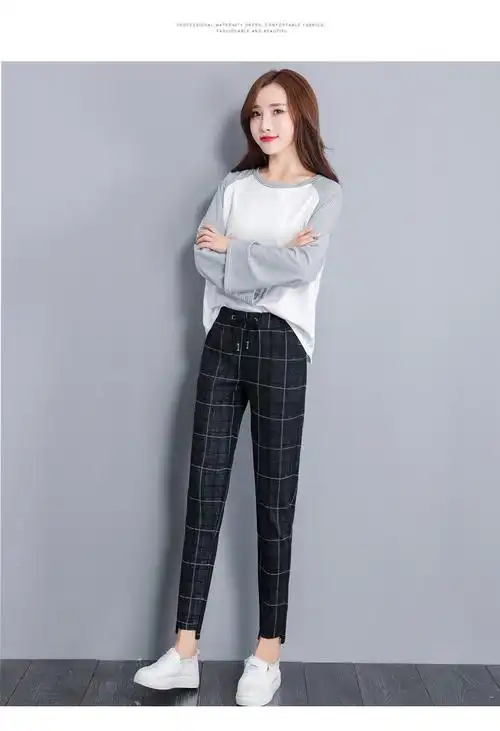 实拍 质检 精品 视频 秋款时尚韩版宽松百搭格子休闲裤女哈伦裤