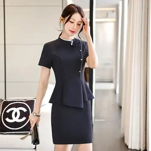 职业装连衣裙酒店珠宝店工作服夏季短袖美容师工衣假俩件裙子批发
