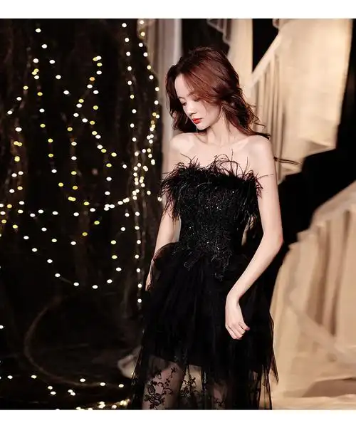 黑色晚礼服裙轻奢小众高端名媛抹胸生日派对宴会2021新款秋季 (1)