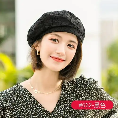 贝雷帽女春秋英伦复古日系百搭蕾丝薄款夏季画家帽蓓蕾帽子韩版潮662