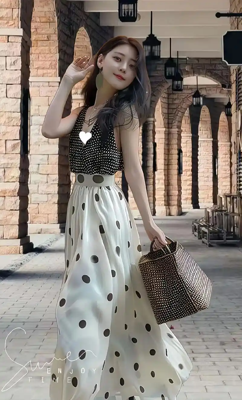 姐妹们,大v领波点无袖上衣 白色大波点半身长裙好适合度假约会啊!