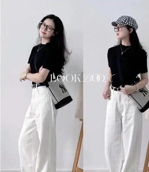 初秋穿白色牛仔裤的女人简单又时髦又美又养眼