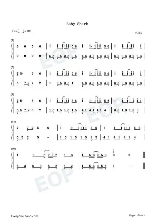 babyshark鲨鱼宝宝c调简单版双手简谱预览1
