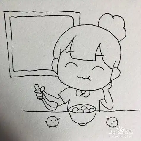 小女孩在吃饭简笔画