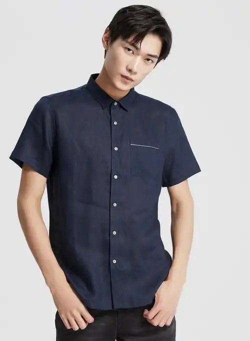 mecity男装夏季亚麻亲肤潮流韩版轻薄短袖白衬衫男士商务衬衣 安琪蓝