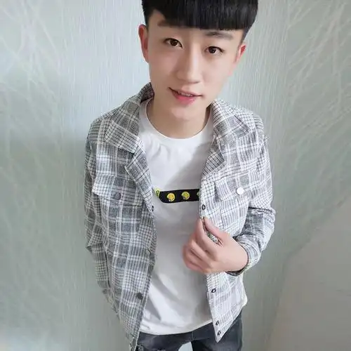 新款社会人精神小伙外套男修身韩版格子翻领青年夹克快手网红上衣