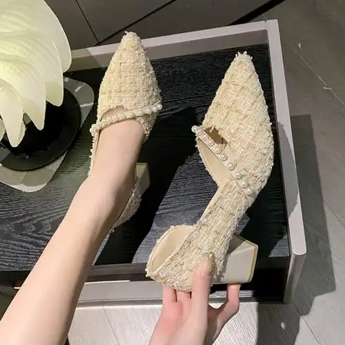 高跟鞋粗跟女休闲女鞋浅口尖头法式中跟单鞋春秋款气质名媛伴娘鞋