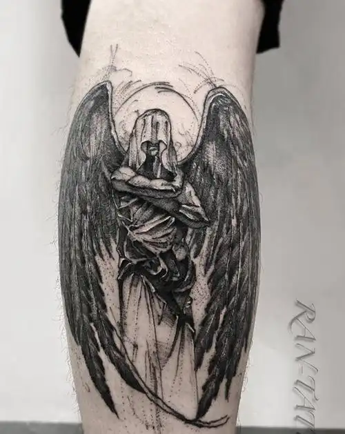 速写风天使纹身图片_手臂腿部点刺几何天使翅膀速写纹身图案