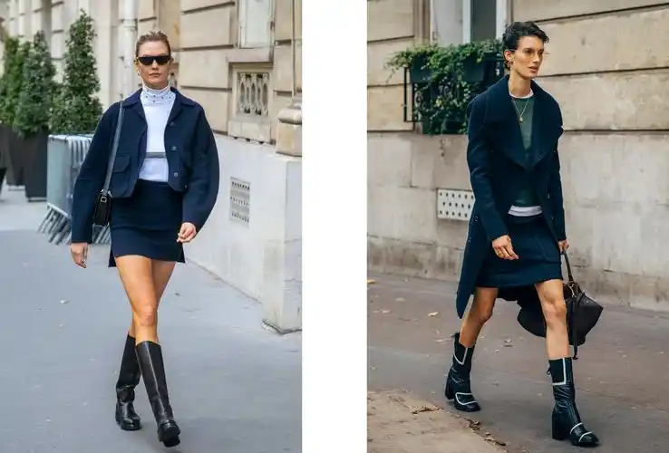 kk就很爱这个组合,黑色皮靴 藏蓝色短裙,又飒又美▼
