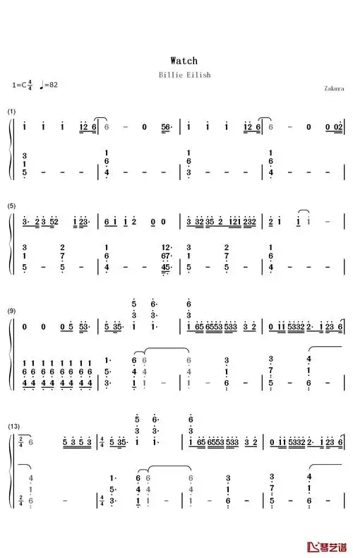 watch钢琴简谱-数字双手-billie eilish1