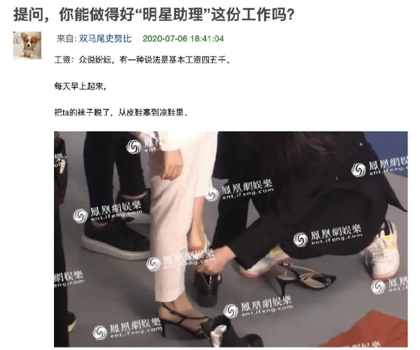 明星助理难当扇扇子吃剩盒饭跪地为女明星穿鞋