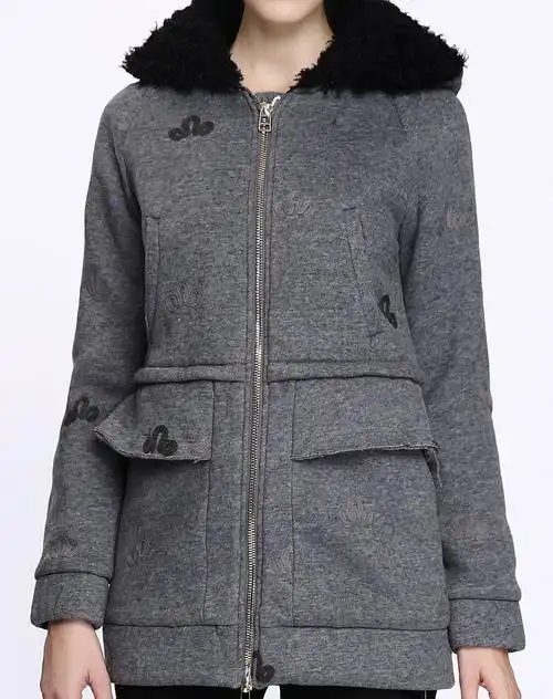 麻灰色毛线绣花纹休闲保暖大衣