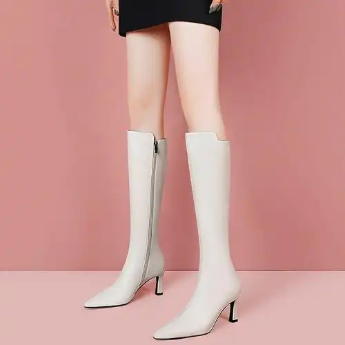 长筒靴2021新款秋白色长靴女增高软皮高筒骑士靴亮皮高跟长筒女靴子米