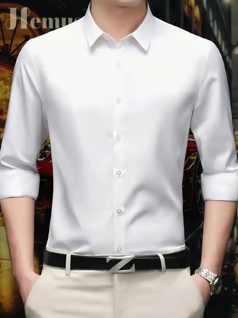 夏季竹纤维长袖衬衫男士商务休闲抗皱免烫白衬衣弹力舒适制服工装