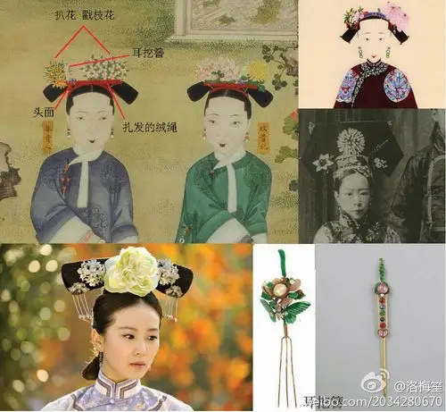 两把头的装饰几个必备的:左右两边大小不同的扒花