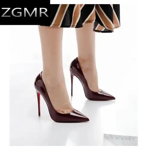 zgmr品牌专卖12cm细跟加大高跟鞋红色底12cm超细跟高跟鞋女黑色漆皮