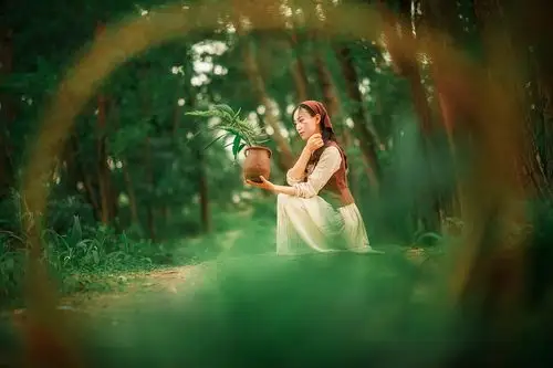 森林里的牧羊女——森系油画风