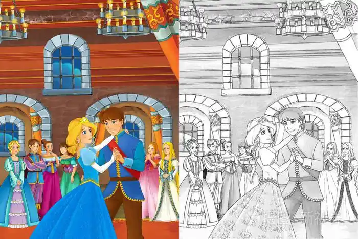 王子和公主在城堡会议厅跳舞