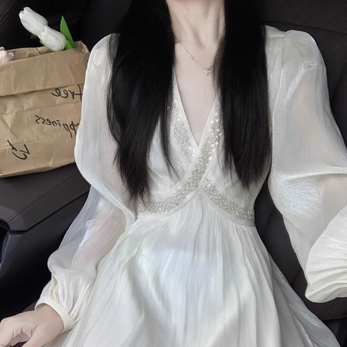 栩欧200斤胖女孩连衣裙高中生大码胖mm法式白色v领泡泡长袖连衣裙女宫