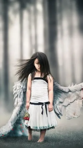 iphone 壁纸 小天使的女孩,翅膀,受伤