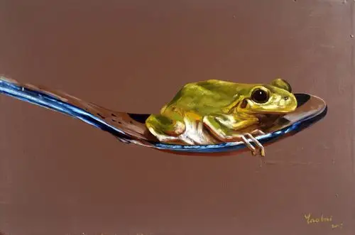 姚慧油画《蛙》有内框(有作画过程)