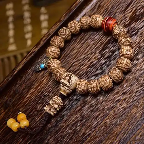 藏传回流骨雕刻观音手串单圈男女款藏式复古文玩牦牛骨手链饰品
