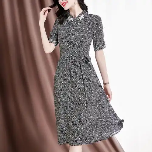 杭派女装时尚减龄2022夏季ol气质女装真丝短袖翻领大摆型连衣裙