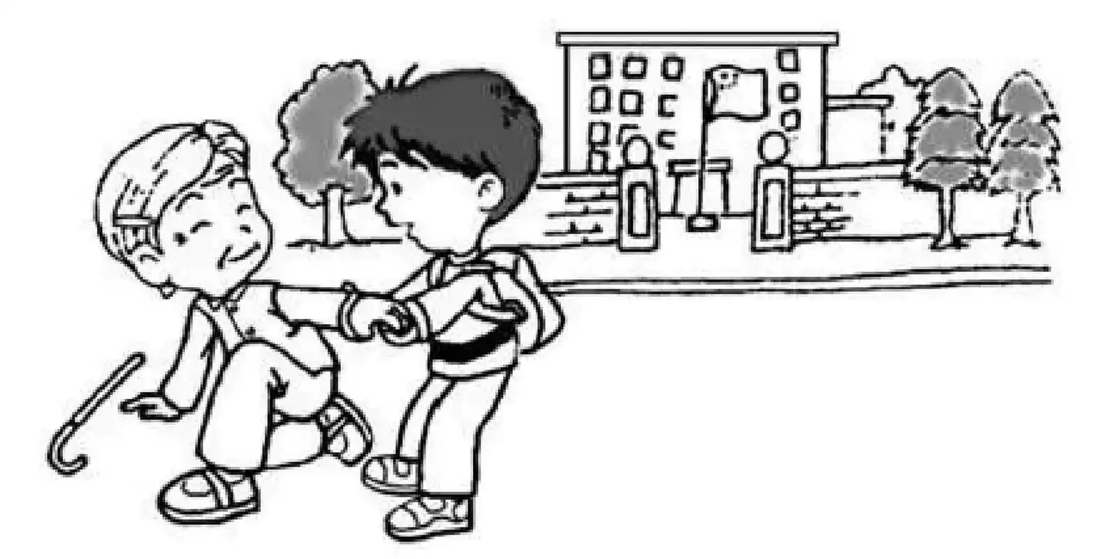 看图写话 帮助他人 小明和小刚一起走在回家的路上.