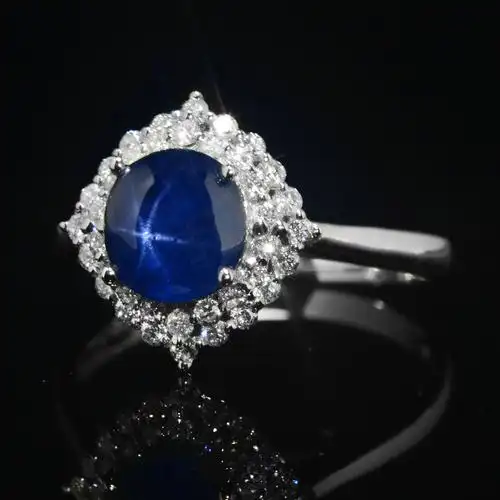 2.10ct 18k金天然星光蓝宝石戒指 颜色好 伴镶钻石 4250
