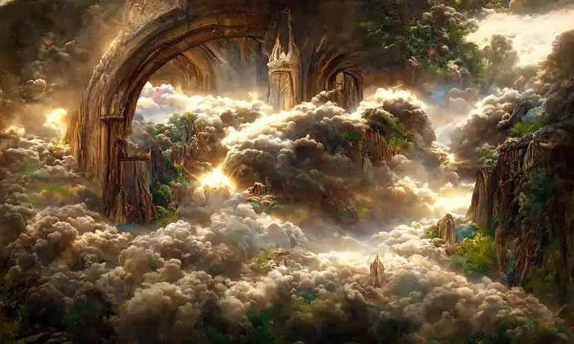 唯美治愈小清新梦幻仙境ai绘画天堂之门酷炫风景  夕阳锁屏壁纸封面图