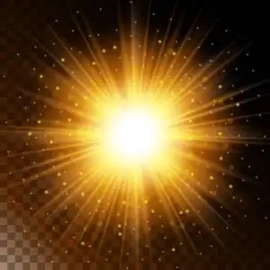 发光的光效果集明星,阳光温暖的黄色光辉在透明背景上闪烁着.