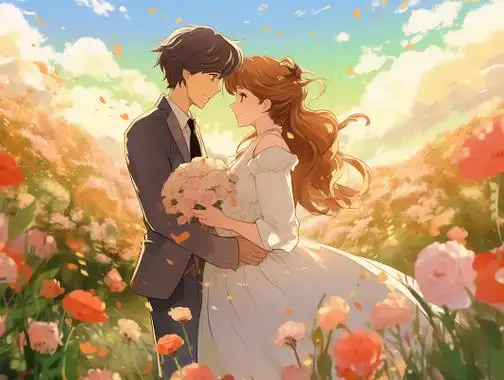 情侣婚纱唯美浪漫情人节爱情双人手绘插画温馨氛围感场景海报人物插画