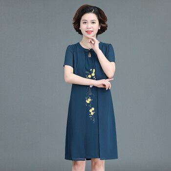 黛迹品牌中老年女装夏装高档雪纺红色短袖绣花连衣裙女婚礼妈妈装夏装