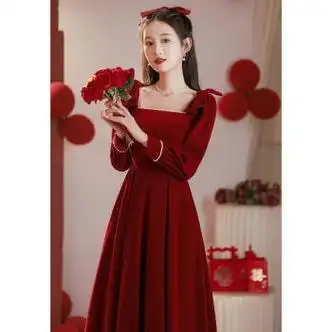 潺韵订婚衣服女敬酒服新娘2023新款小个子订婚连衣裙红色裙日常回门平