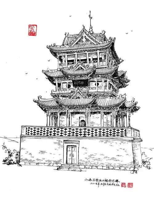手绘山西古建筑