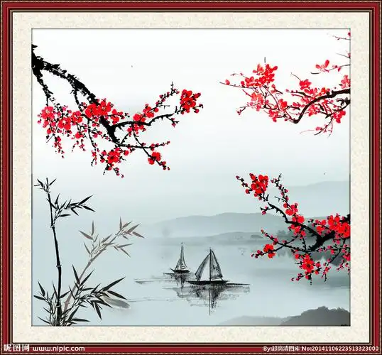 国画梅花风景图图片