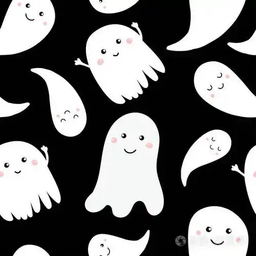 无缝图案与可爱的小卡通鬼黑色背景上的白色鬼魂万圣节插图图案为纸