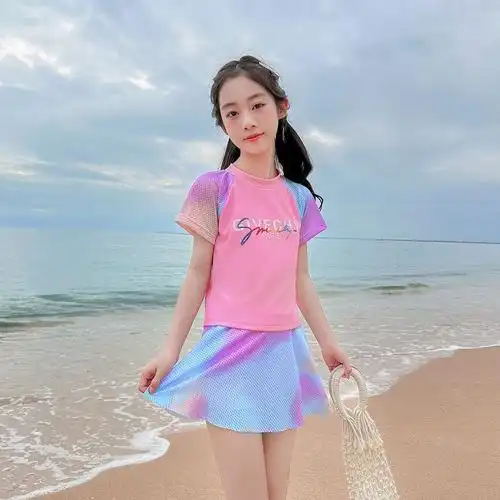 韩版新款儿童泳衣女孩中大童宝宝运动分体裙式游泳衣温泉泳装批发