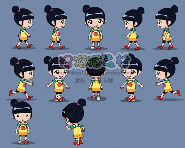 动态人物源文件表情正面侧面背面行走会动走路角色逐帧动画c-插画素材