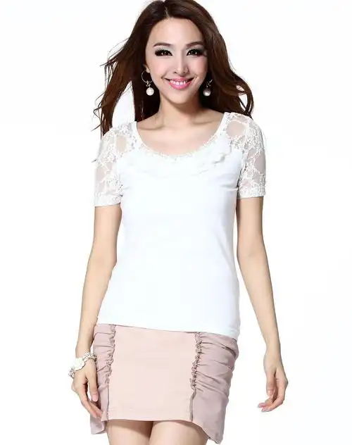 白色蕾丝绣珠时尚短袖上衣