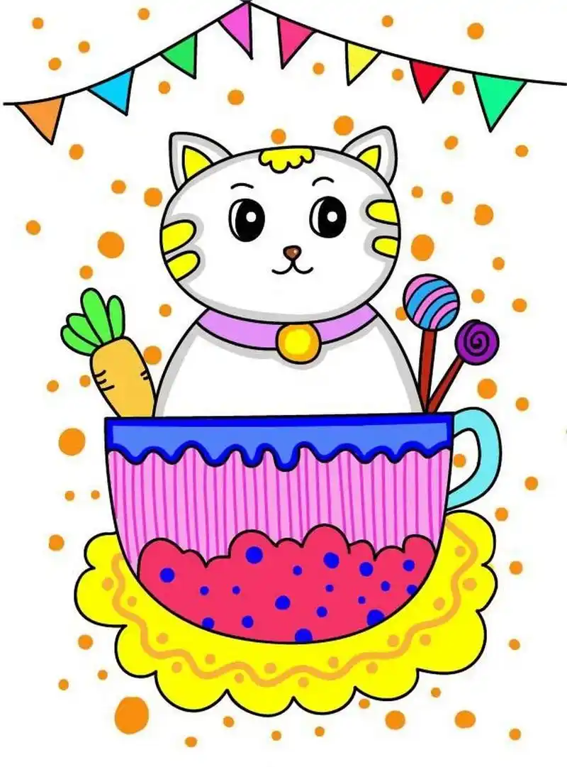 马克笔儿童画,简笔画(内附线稿) 猫咪儿童画,马克笔画