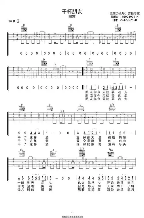 田震《干杯朋友》吉他谱_d调原版吉他谱
