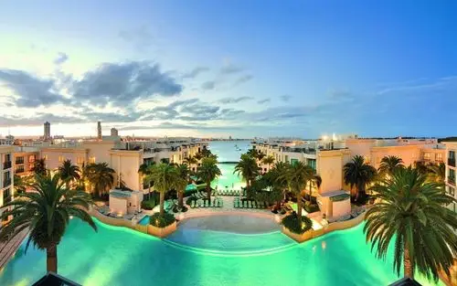 别墅,房屋,大海,游泳池,棕榈树,黄昏 壁纸 - 1280x800