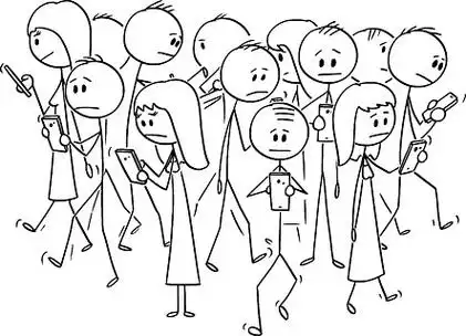 矢量卡通棒图绘制一群人或行人在街上行走并使用手机或手机的概念插图