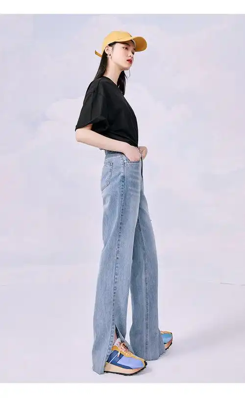 太平鸟高腰牛仔裤女直筒裤2021年夏季新款破口设计阔腿开叉牛仔裤