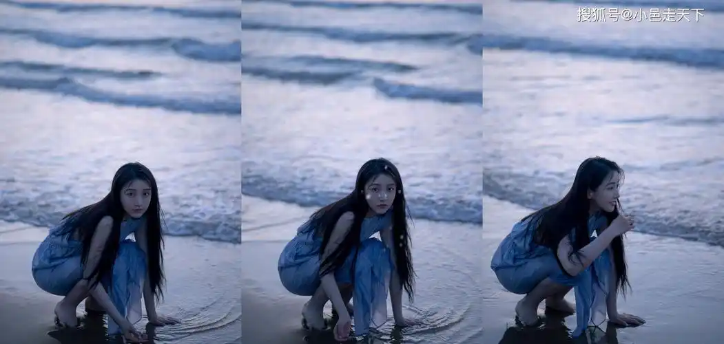 姜贞羽浅蓝色连衣裙海边写真